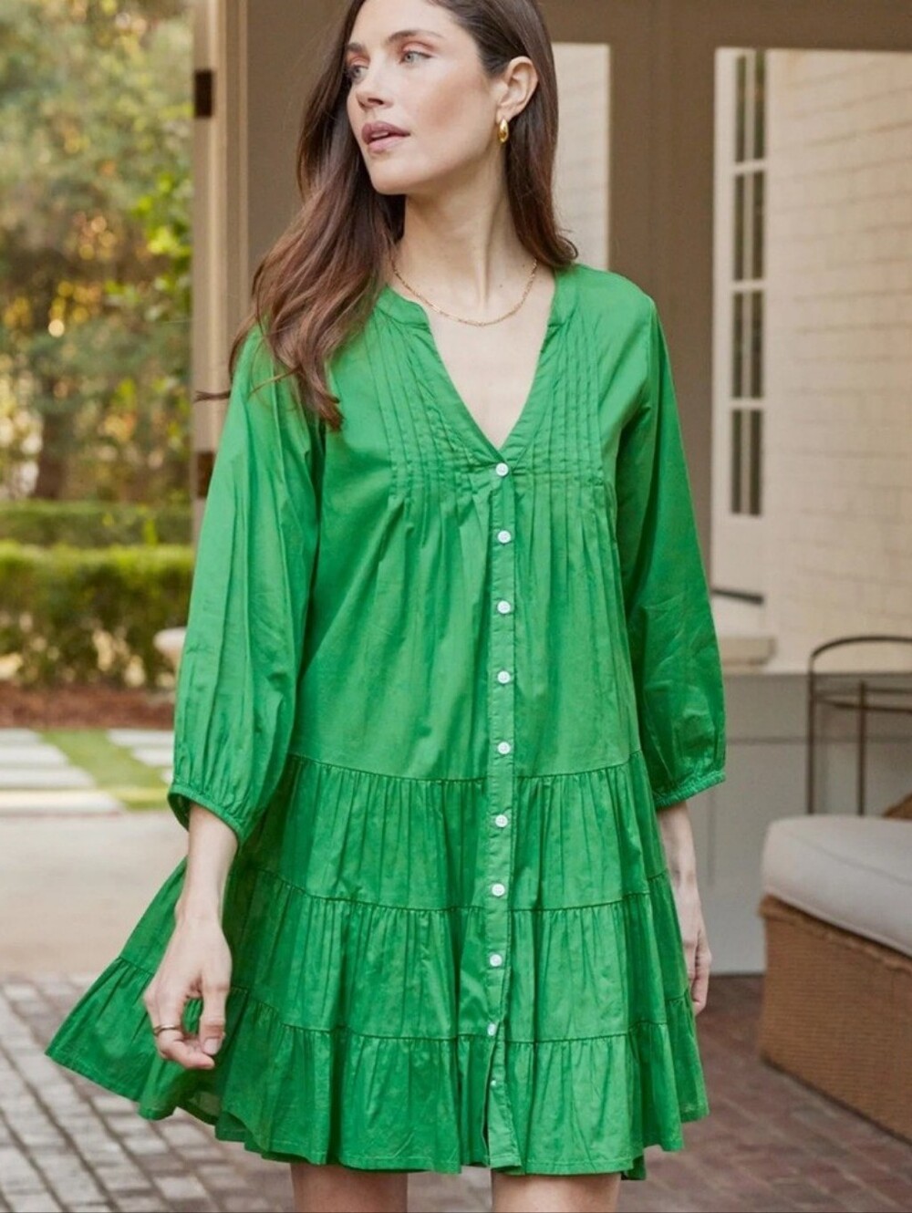 $124 LAKE Eloise Green Tiered Button-Front Dress in Palm Green - Picture 2 of 11